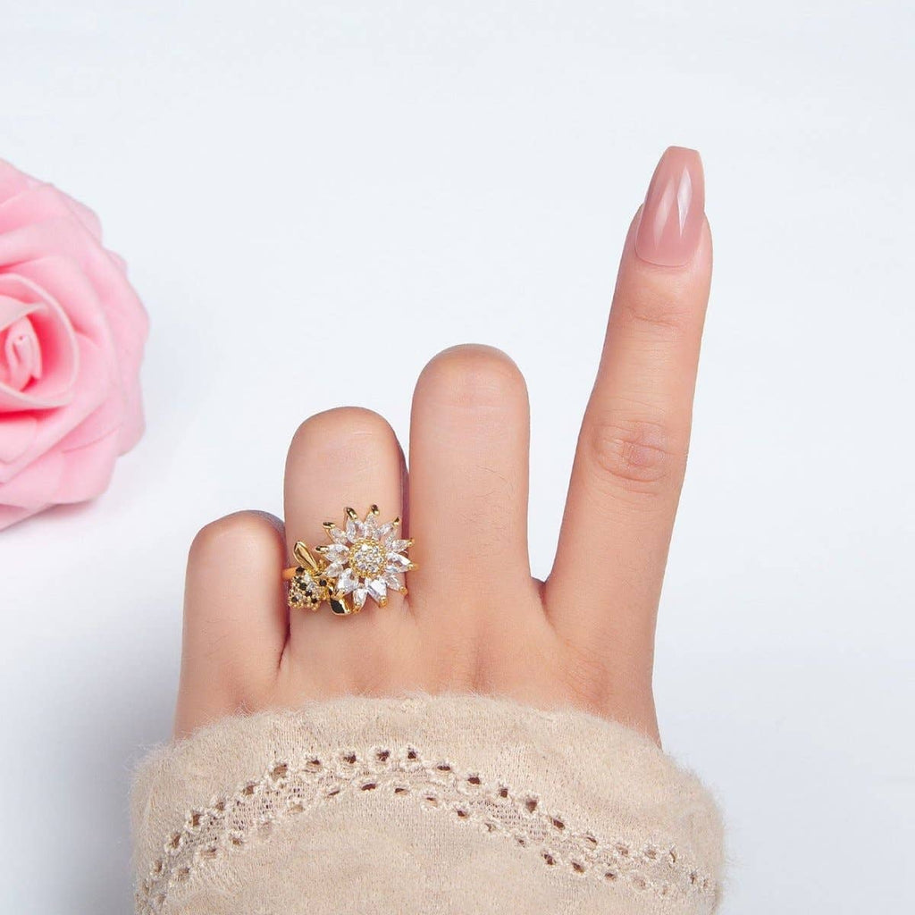 24K Gold Filled Micro Paved Marquise CZ Flower Bumble Bee Ring | U368