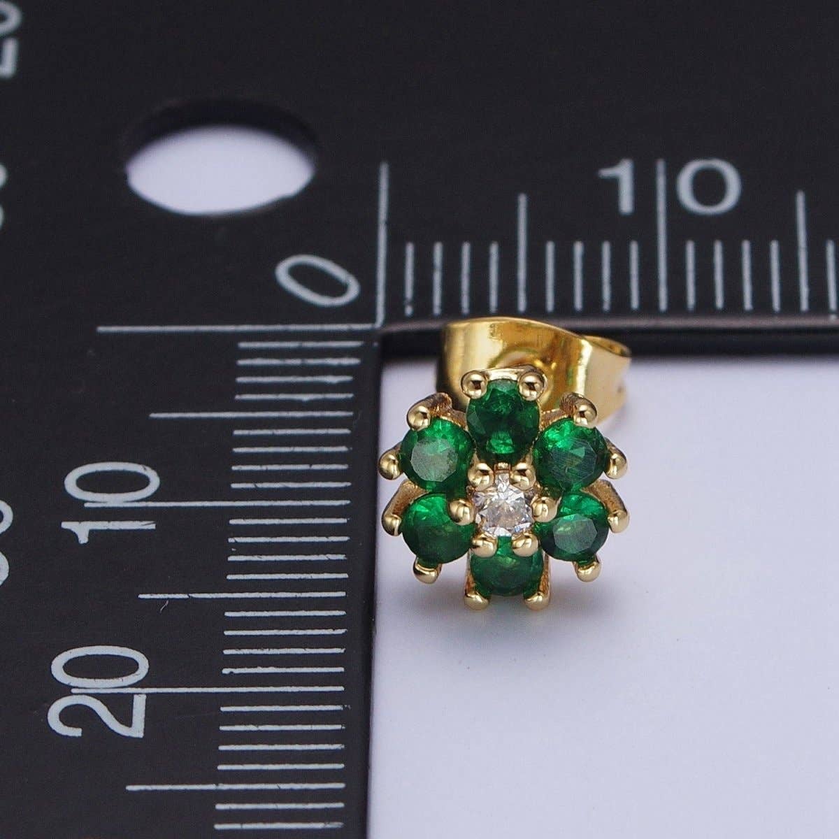 Dainty 24K Gold Filled Emerald Green & Clear Cubic Zirconia Flower Stud Earrings | AD-511