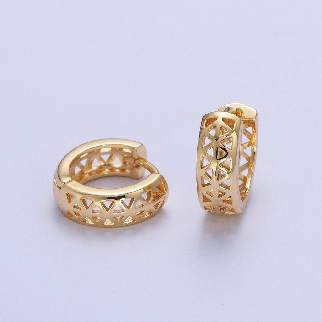 24K Gold Filled Triangle Filigree Huggie Hoop Earrings in Gold & Silver | T040 Y269