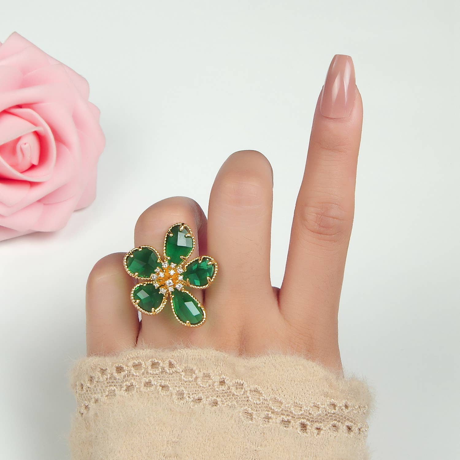 24K Gold Filled Green Acrylic CZ Paved Daisy Ring | O1411