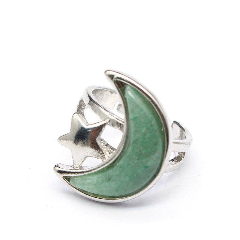 Natural Stone Moon Star Silver Tone Adjustable Ring - CS/MS
