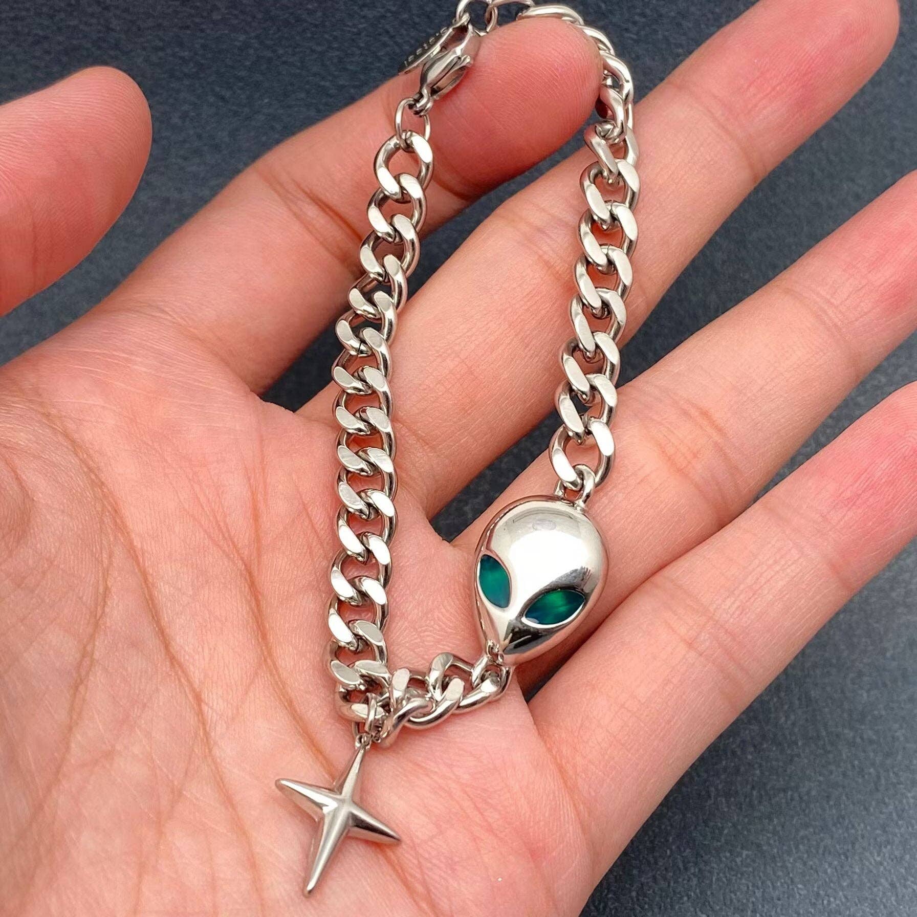 Unisex Stainless Steel ET Charm Cuban Chain Bracelet - MJ