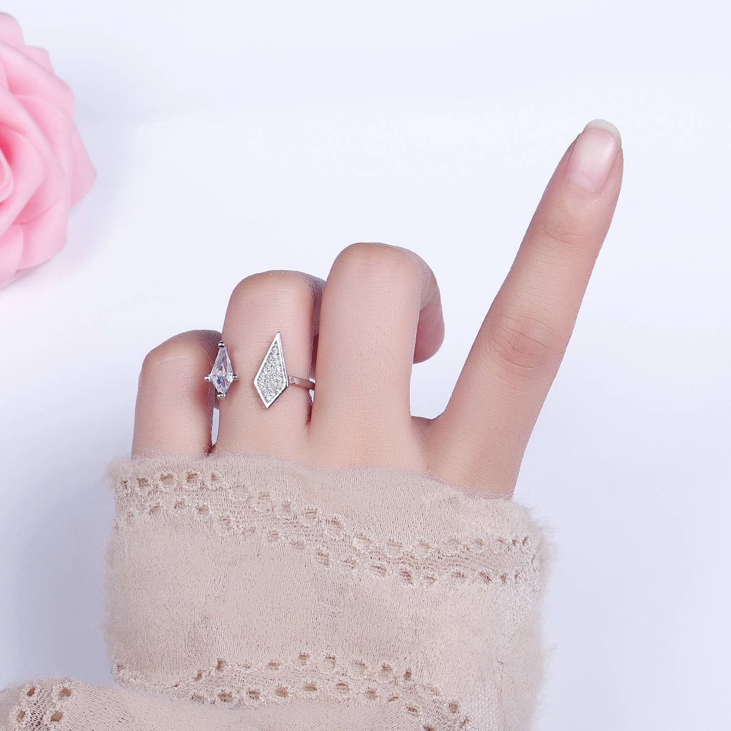 Micro Paved Unique Marquise Adjustable Gold/Silver Open Ring