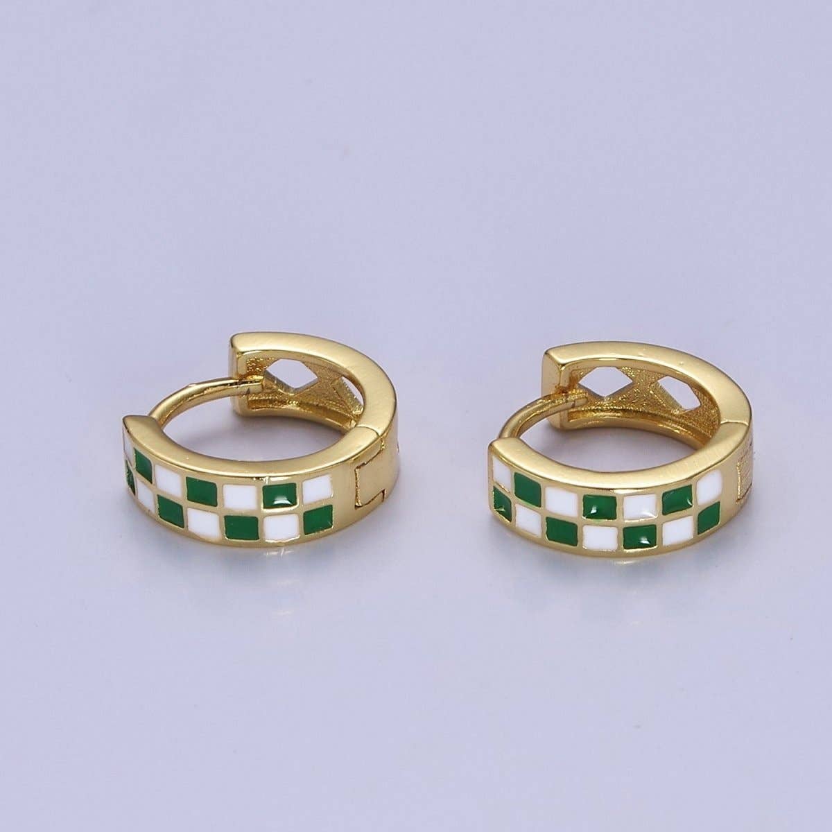 24K Gold Filled Enamel Checker Hoops Earring Retro Gold Huggie Earrings V131 V132