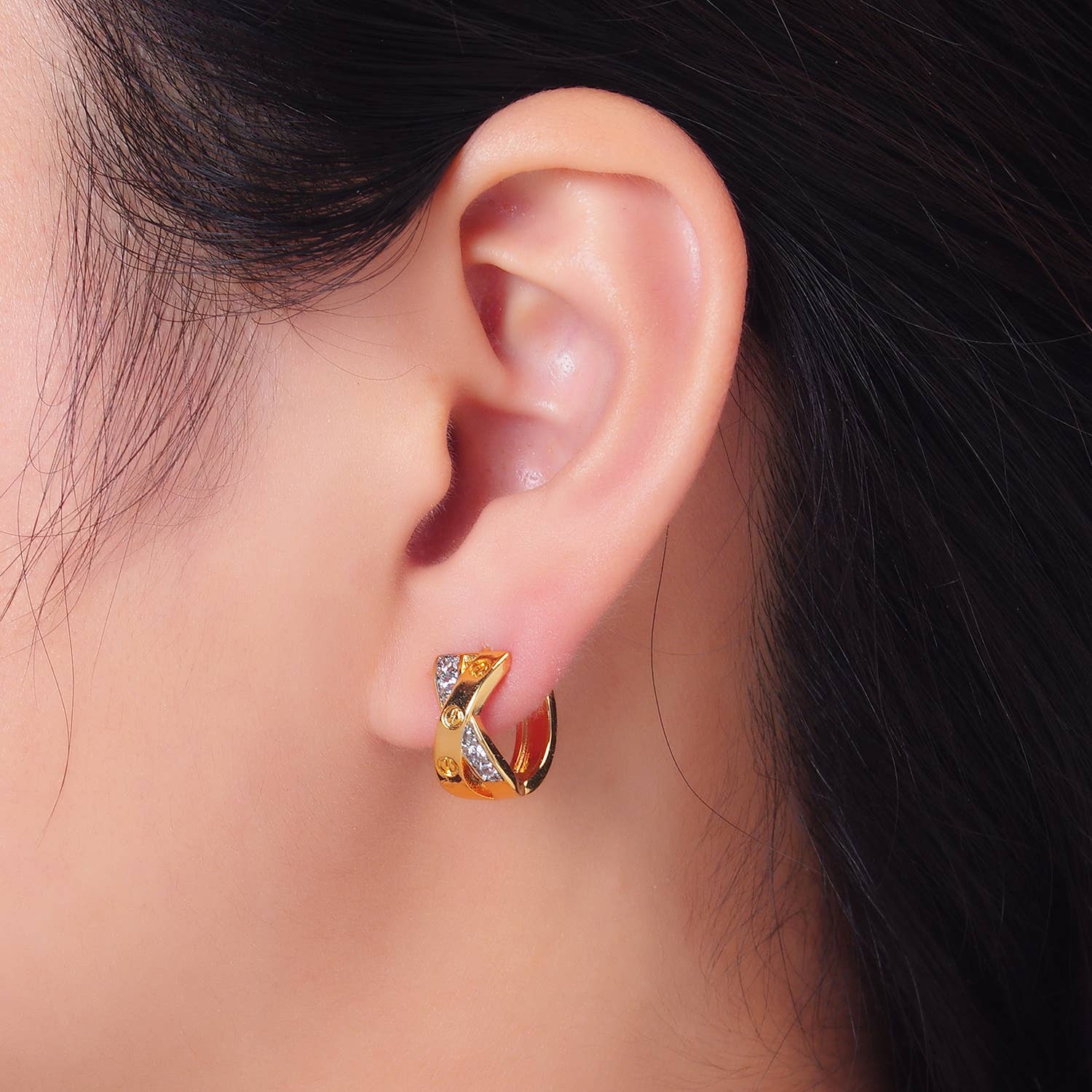 24K Gold Filled X Huggie CZ Earrings | P-402