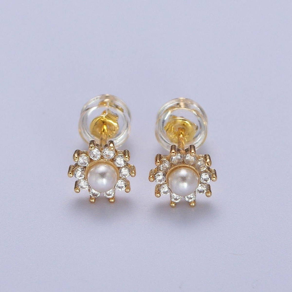 Gold Pearl Flower Stud Earrings, Celestial Sunburst Star Sun Stud Earrings Jewelry | AD-031