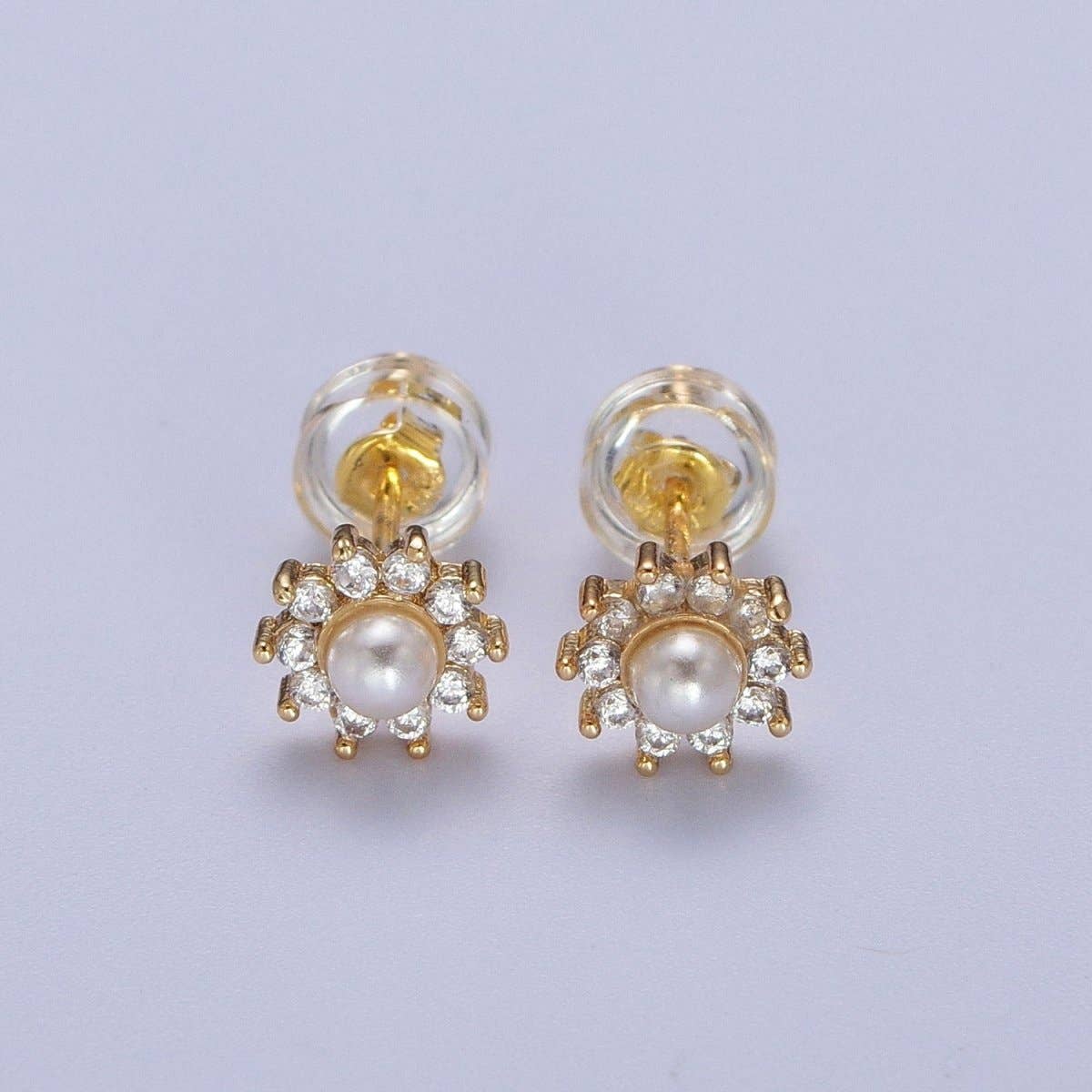Gold Pearl Flower Stud Earrings, Celestial Sunburst Star Sun Stud Earrings Jewelry | AD-031