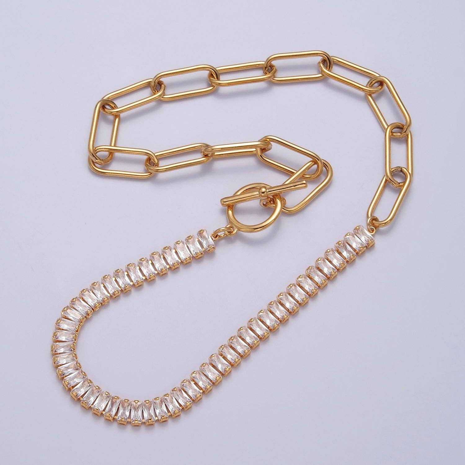 Fusion Necklace Half Baguette Tennis Chain, Half Paper Clip Chain, Statement 24K Gold Filled Necklace with Toggle WA-945