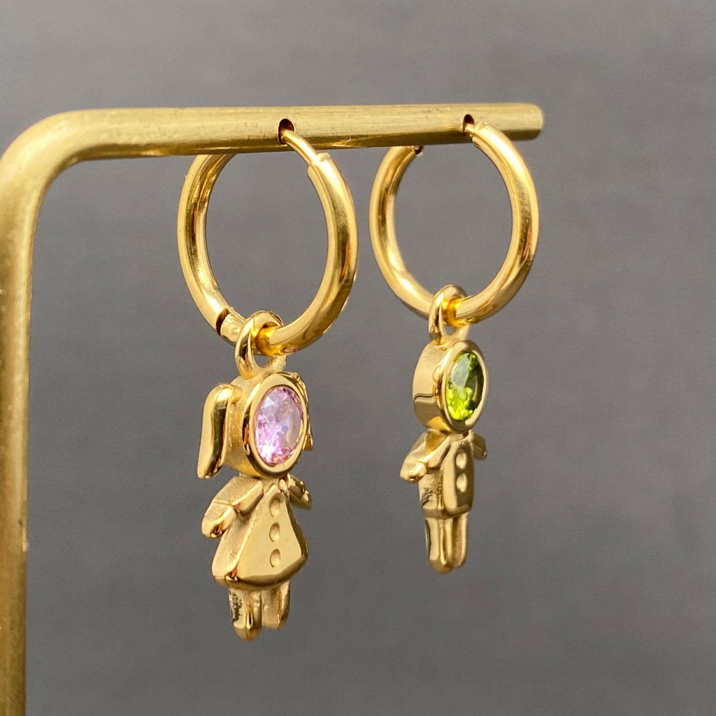 Zircon Inlaid Boy and Girl 18K Golden SS Huggie Earrings - FGS