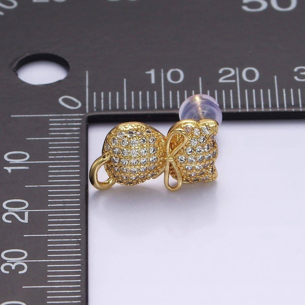 16K Gold Filled Kitty Cat Silhouette Bow Ribbon Micro Paved CZ Stud Earrings | AD-424