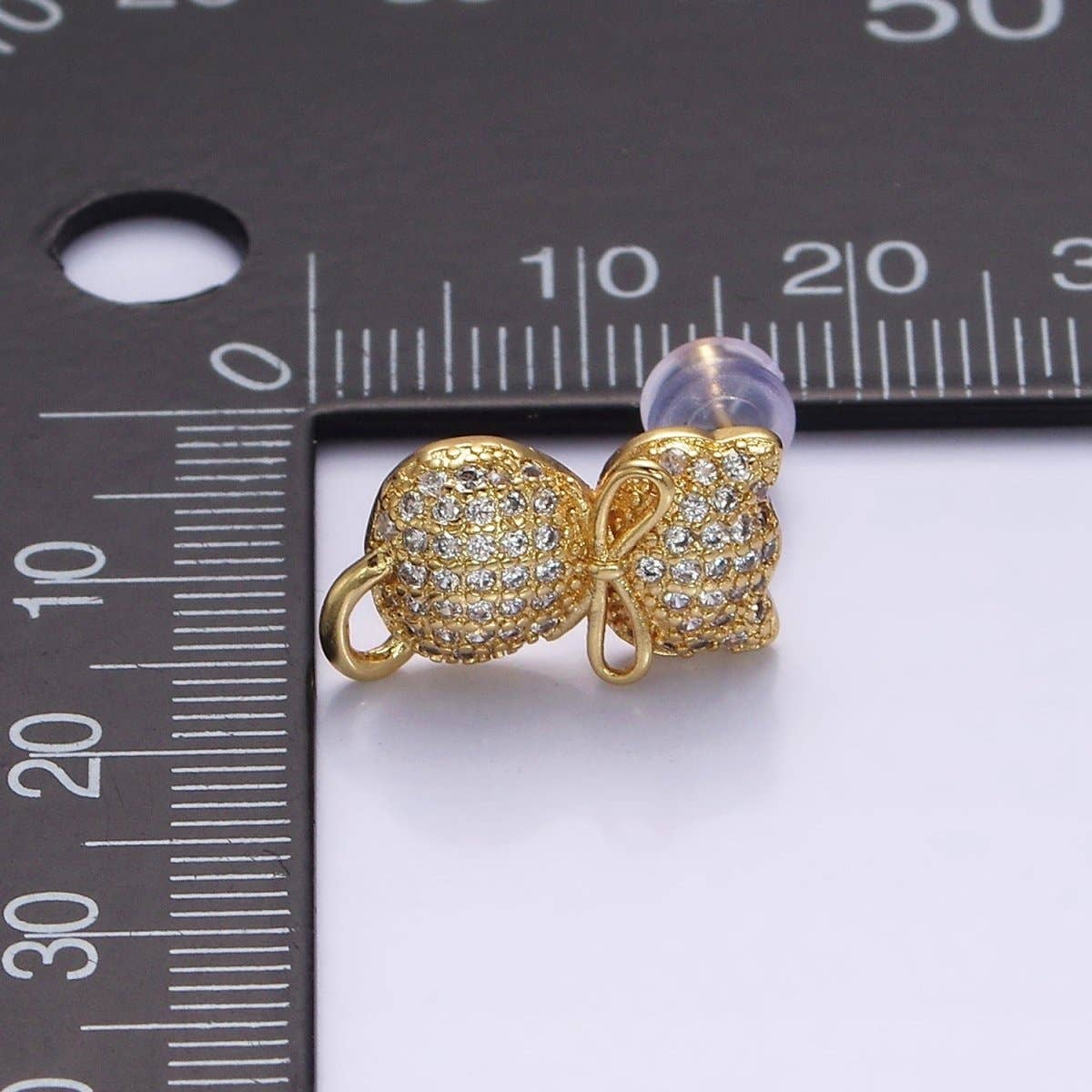 16K Gold Filled Kitty Cat Silhouette Bow Ribbon Micro Paved CZ Stud Earrings | AD-424