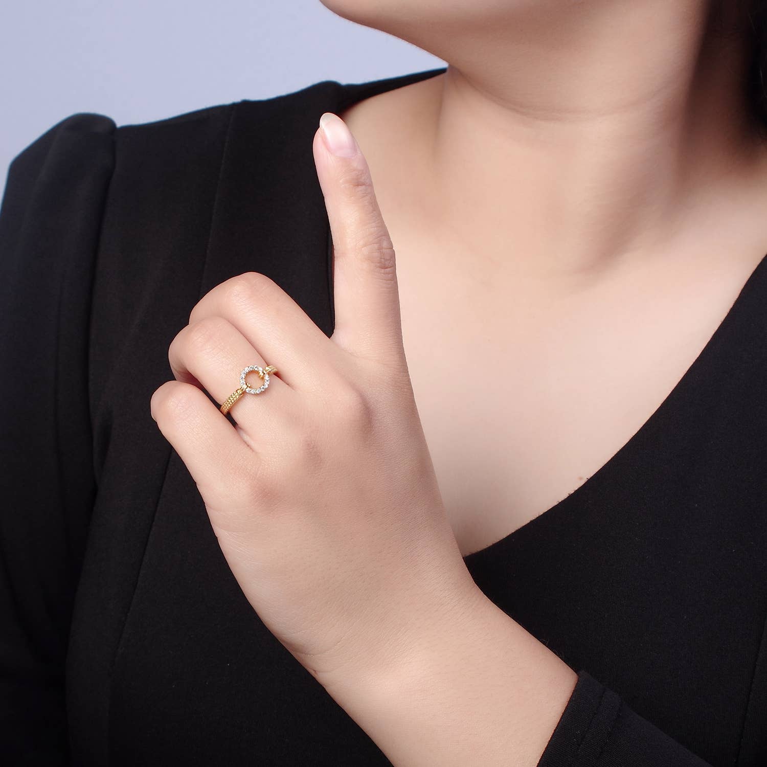 Micro Pave Geometric Round Shape Gold Open Ring O2071