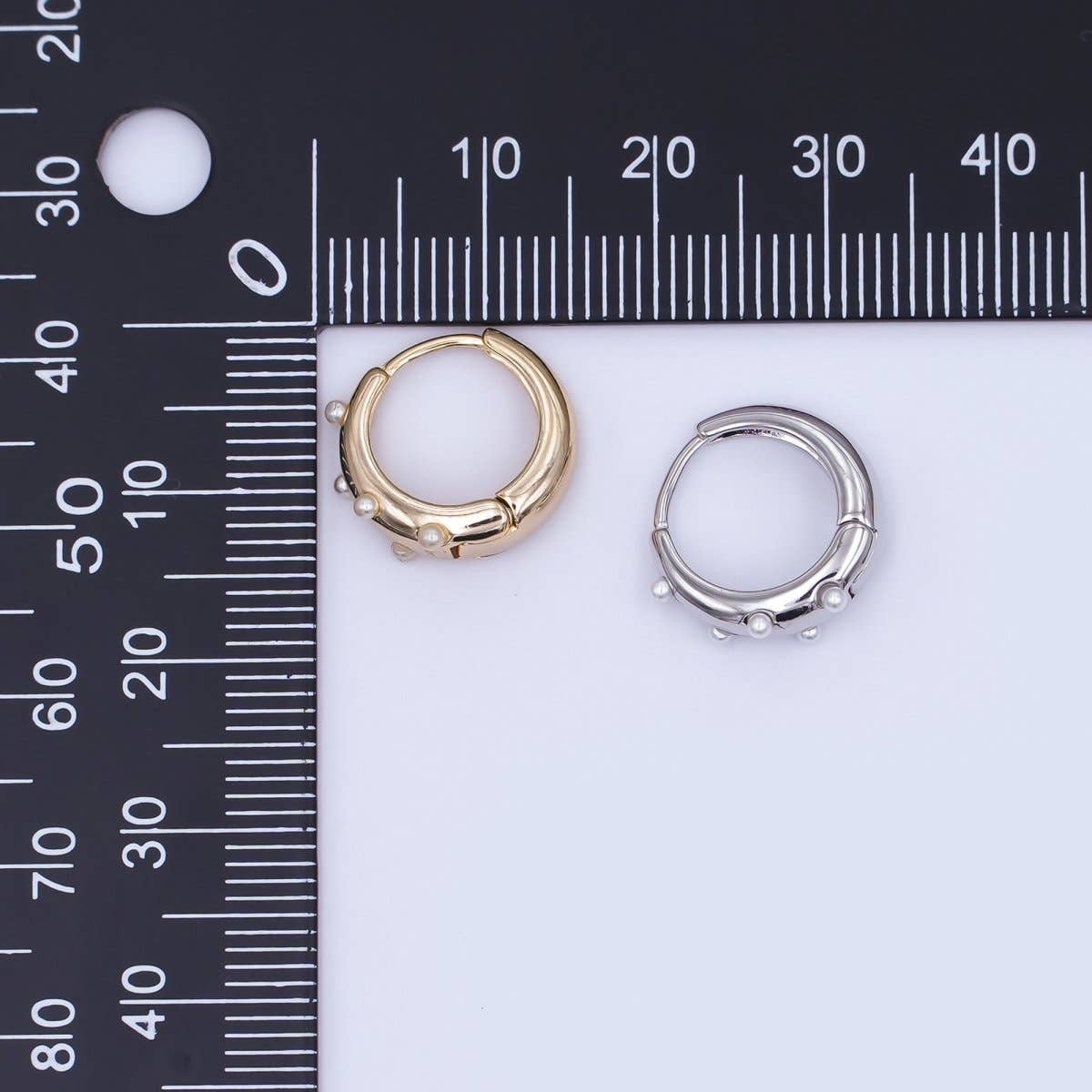 24K Gold Plated 14.5mm Shell Pearl Dotted Huggie Earrings in Gold & Silver | AE423 AE628
