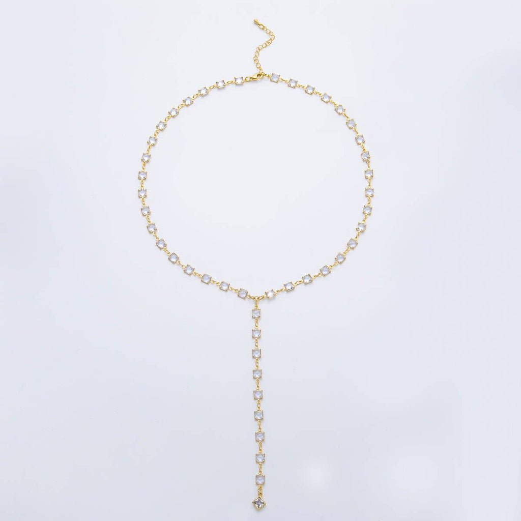 18K Gold Filled 5.7mm Clear, Multicolor Square CZ Chain 19 Inch Lariat Necklace w. Extender | WA-3273 WA-3274