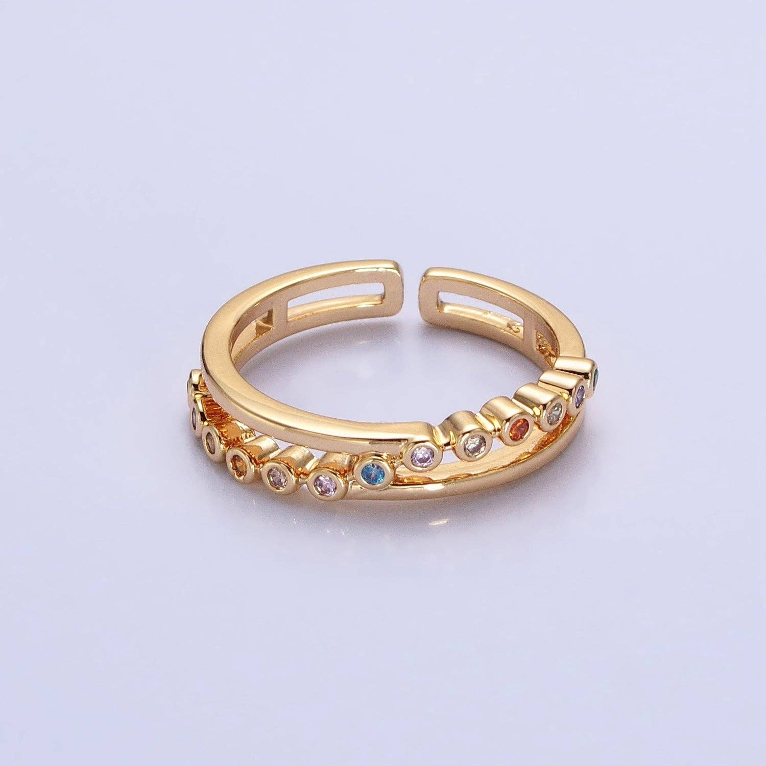 16K Gold Filled Multicolor Round CZ Double Band Ring in Gold