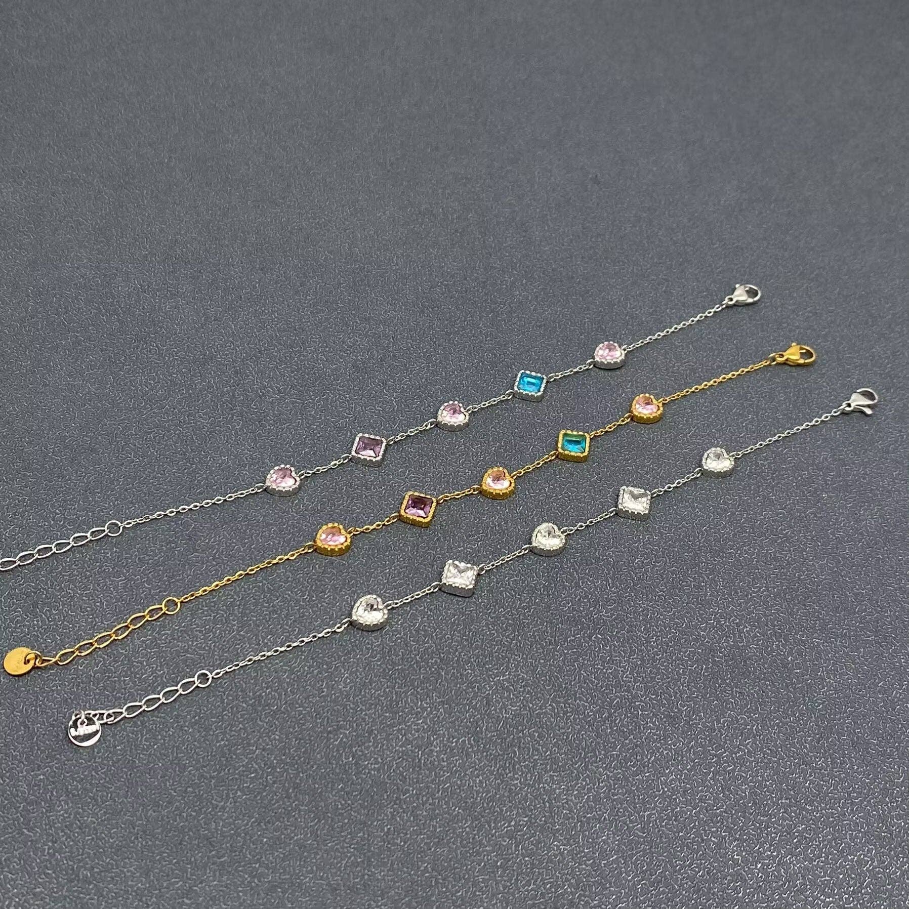 Square & Heart Zircon Linked 18K Gold Plated SS Bracelet-FGS