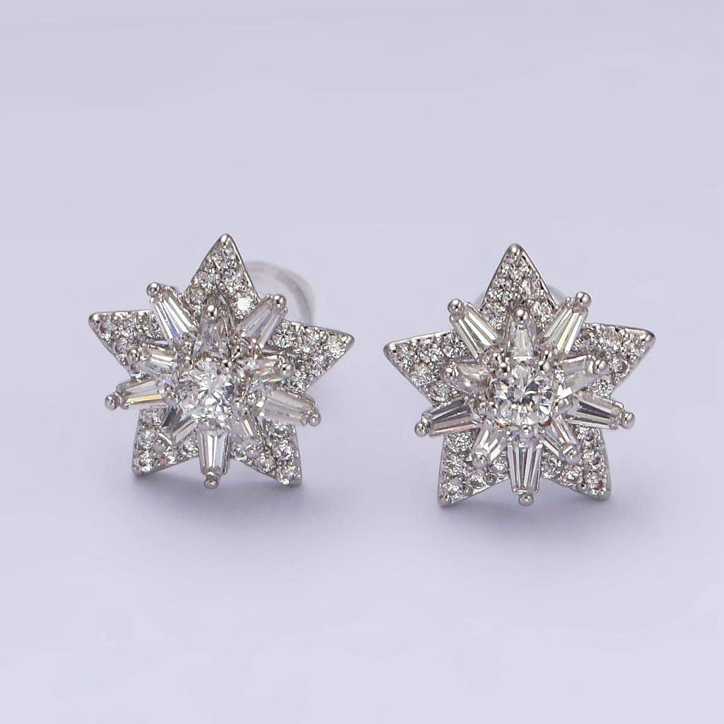 14K Gold Filled Celestial Star Baguette Micro Paved CZ Stud Earrings in Gold & Silver | V271
