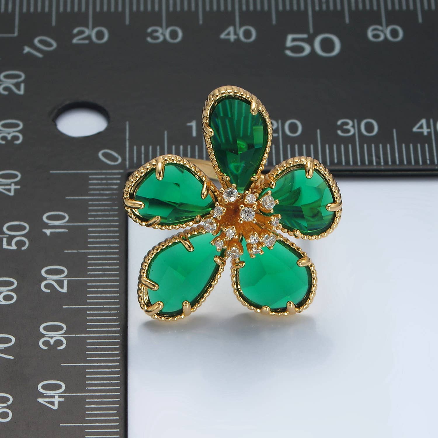 24K Gold Filled Green Acrylic CZ Paved Daisy Ring | O1411