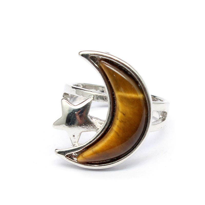 Natural Stone Moon Star Silver Tone Adjustable Ring - CS/MS
