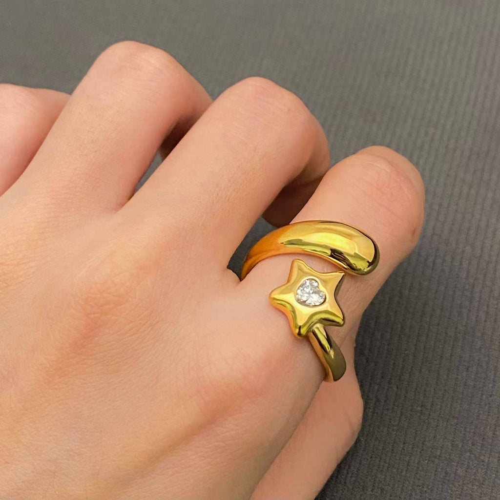 Zircon Star 18K Golden Stainless Steel Ring - FGS/MS