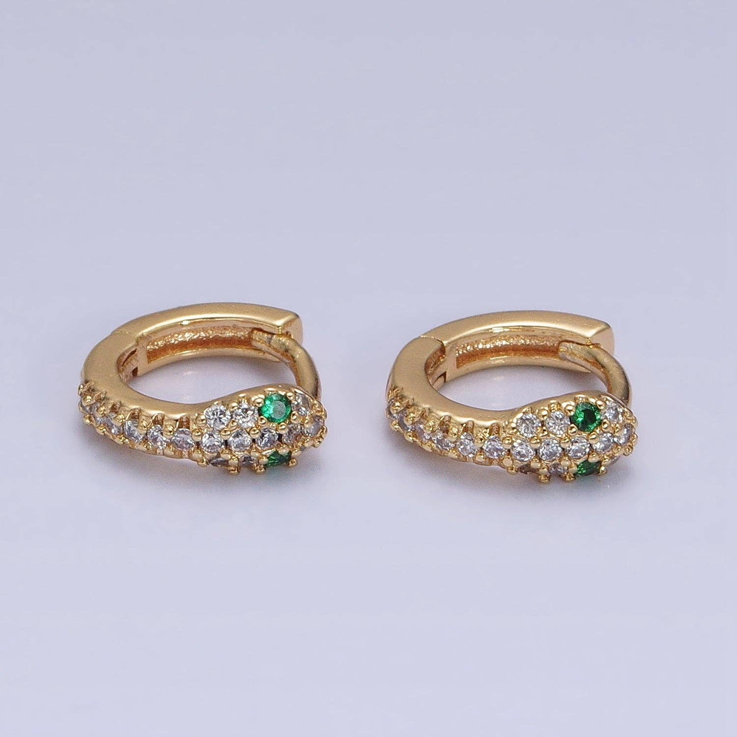 16K Gold Filled Green-Eyed CZ Snake Serpent Huggie Earrings