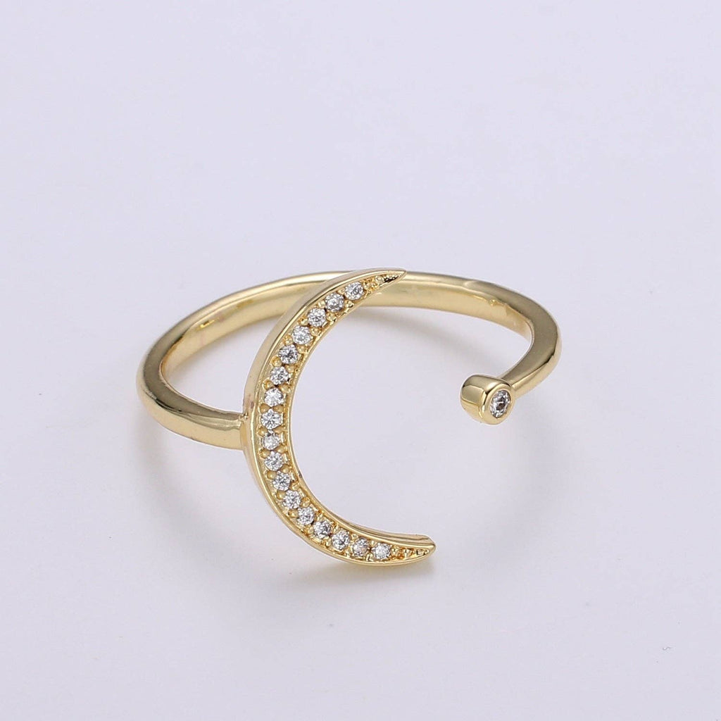 1pc Cresent Moon Star CZ, Adjustable Gold Ring R315