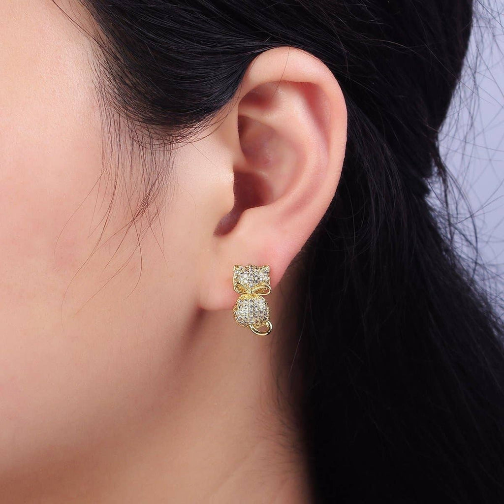 16K Gold Filled Kitty Cat Silhouette Bow Ribbon Micro Paved CZ Stud Earrings | AD-424