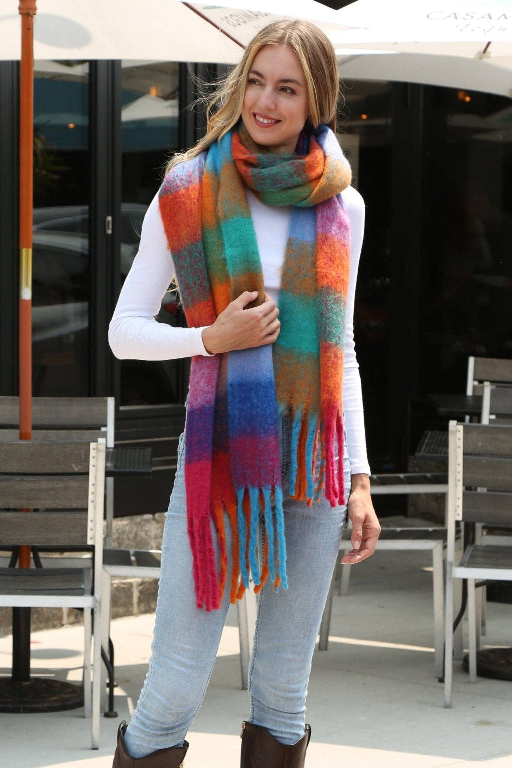 JS2415 Plaid Oblong Scarf with Fringe