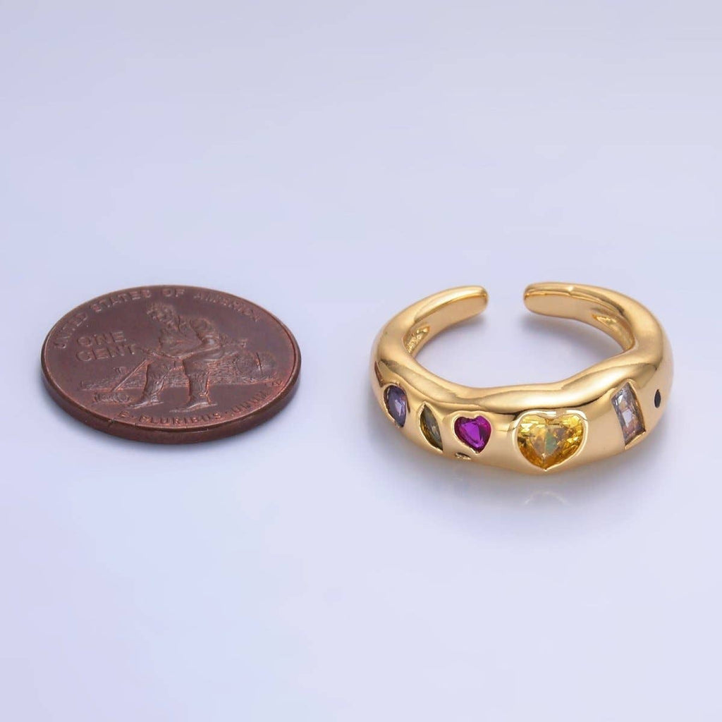 24K Gold Filled Multicolor Geometric Heart Baguette CZ Ring in Gold & Silver | O740 O743