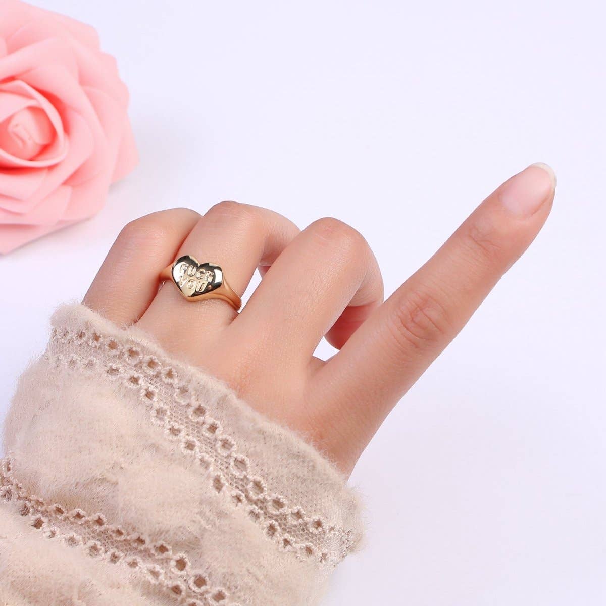 Gold Fuck You Ring, Heart Shaped Signet, Fuckoff rings oval signet ring gold rings for women S-377