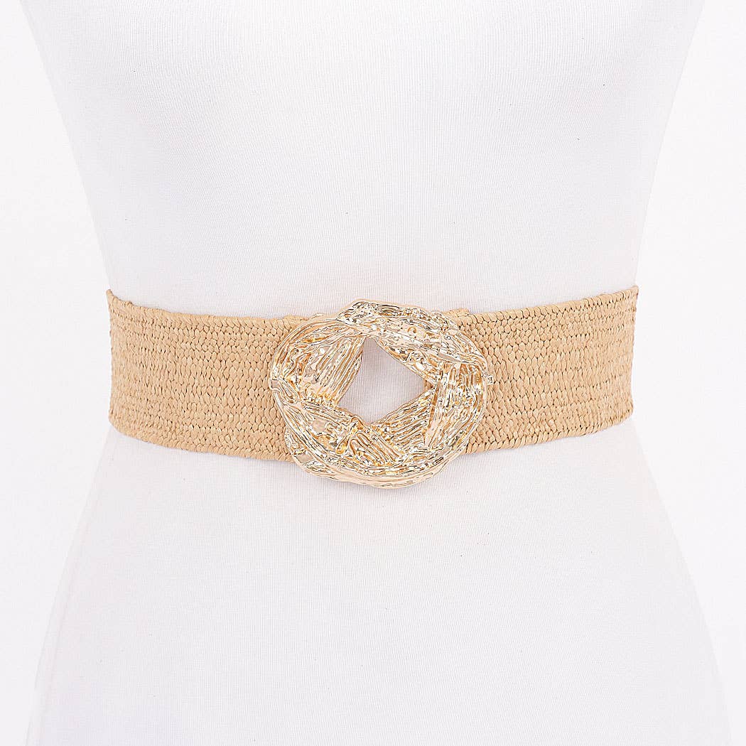 Metal Buckle Elastic Faux Straw Belt
