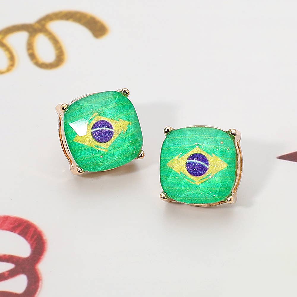 Argentina Flag Printed Faceted Cushion Stud Earrings