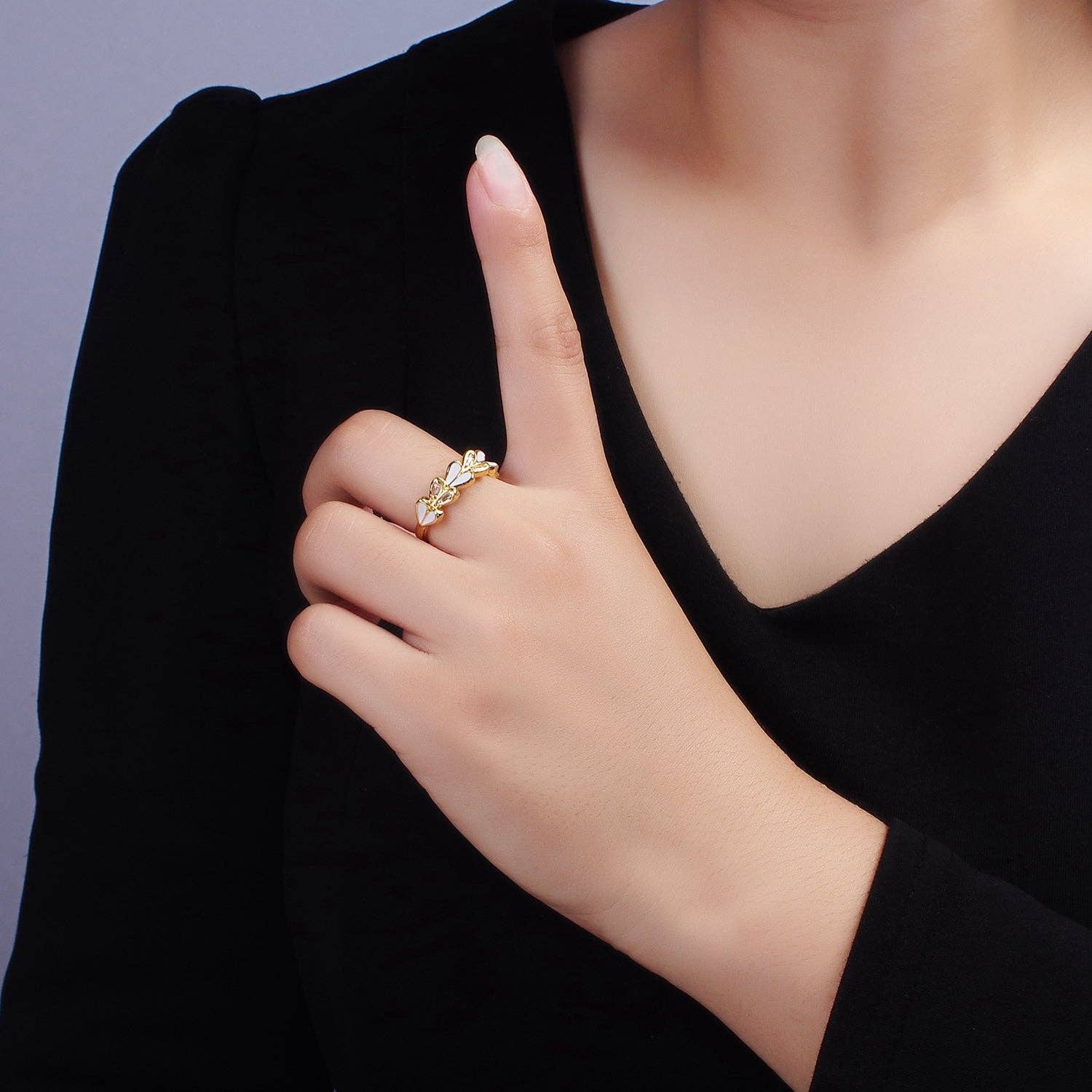 14K Gold Filled White Enamel Baguette Heart Lined Ring | O1172