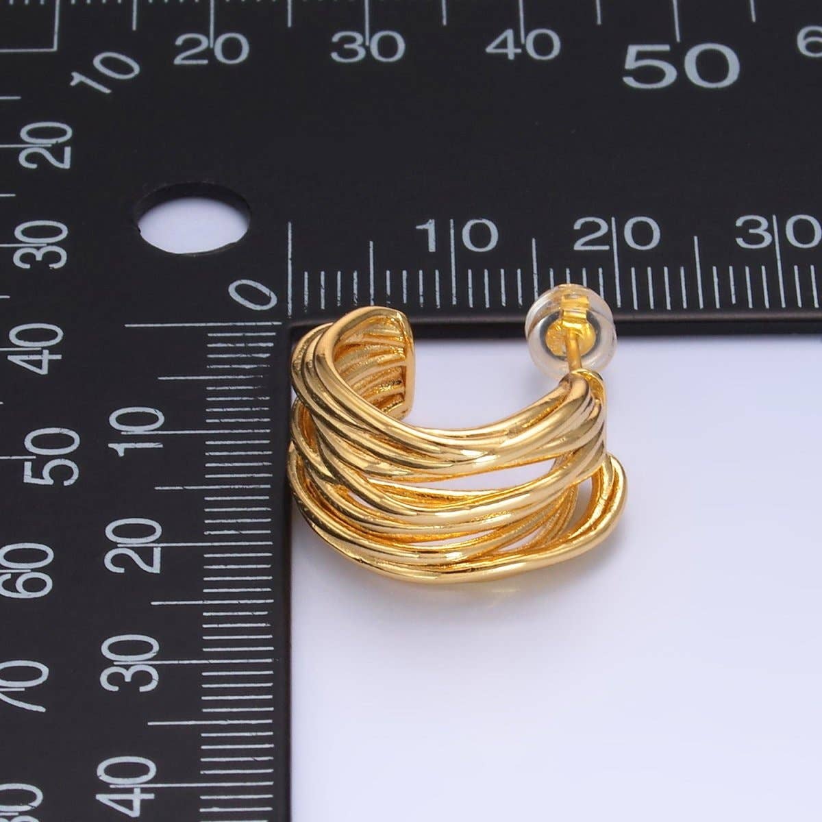 24K Gold Filled 20mm Multiple Linear Lined C-Shaped Hoop Earrings | AB082