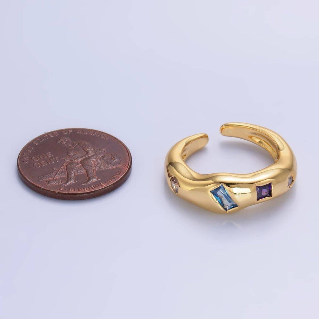 24K Gold Filled Multicolor Baguette CZ Geometric Molten Band Ring in Silver & Gold | O756 O761