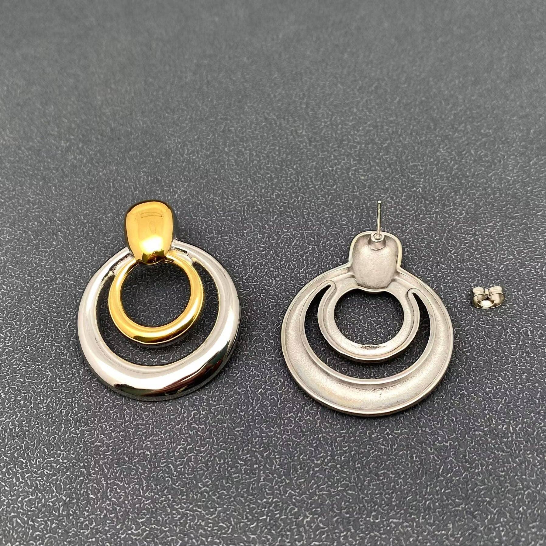 Two Tone 18K Gold Plated SS Hollow Round Post Earrings - FGS