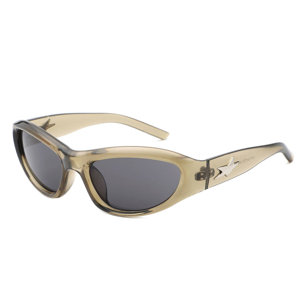 Y2K Slim Oval Unisex Wraparound Sunglasses with Star Temple