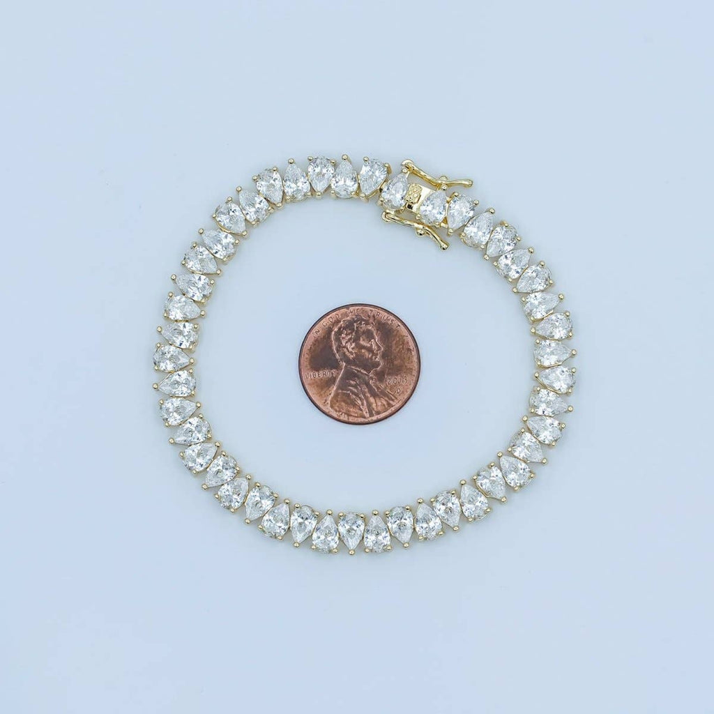 24K Gold Filled Clear CZ Double Teardrop Tennis Chain Bracelet in Gold & Silver | WA-3140 WA-3141