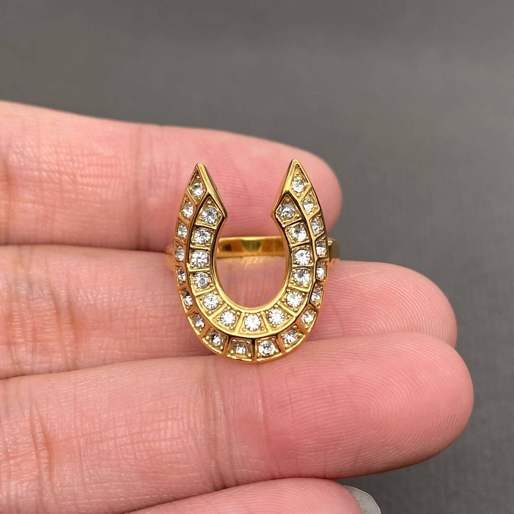 Full Zircon Inlaid Horseshoe 18K Gold Plated SS Ring - FGS