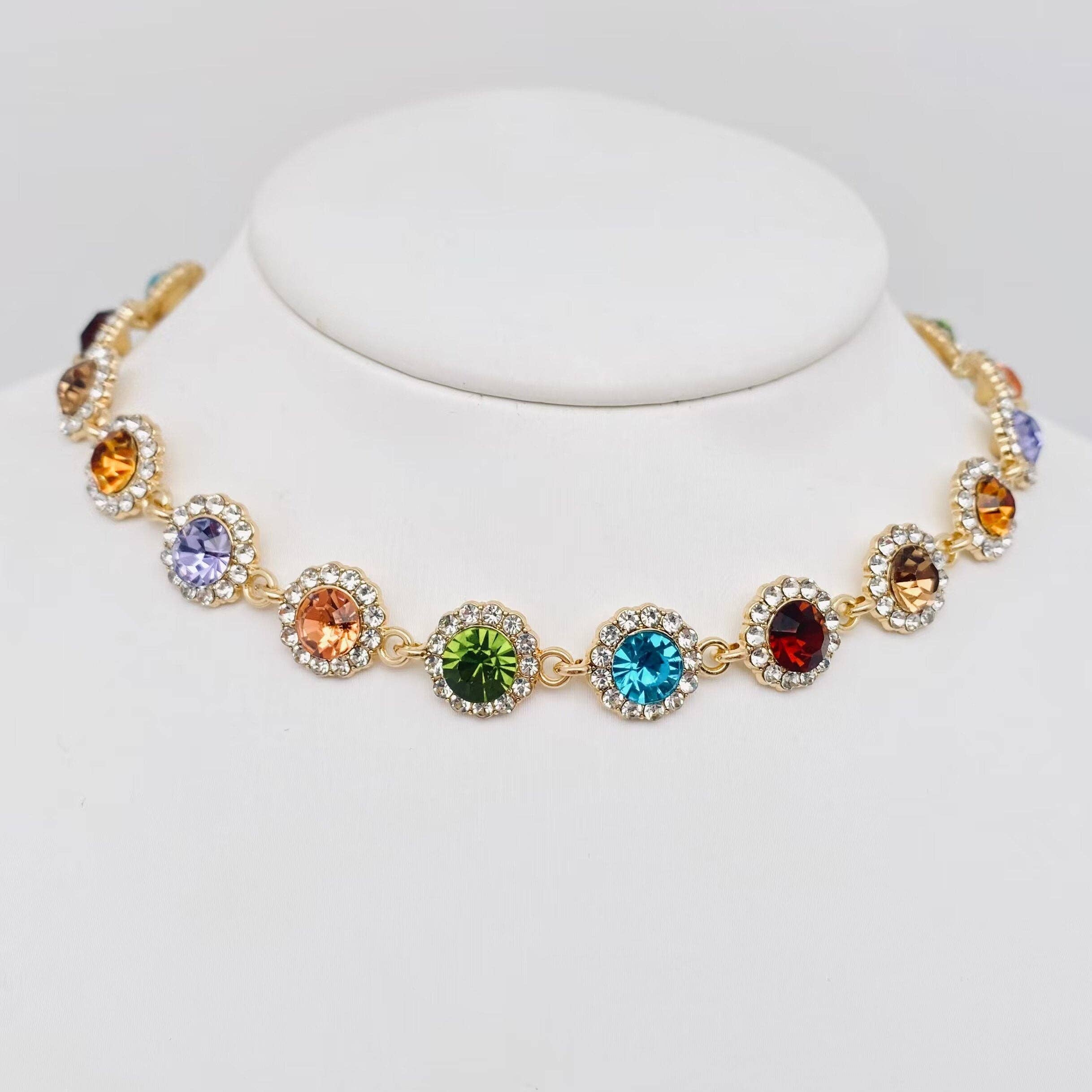 Colored Rhinestone Chain Choker Necklace