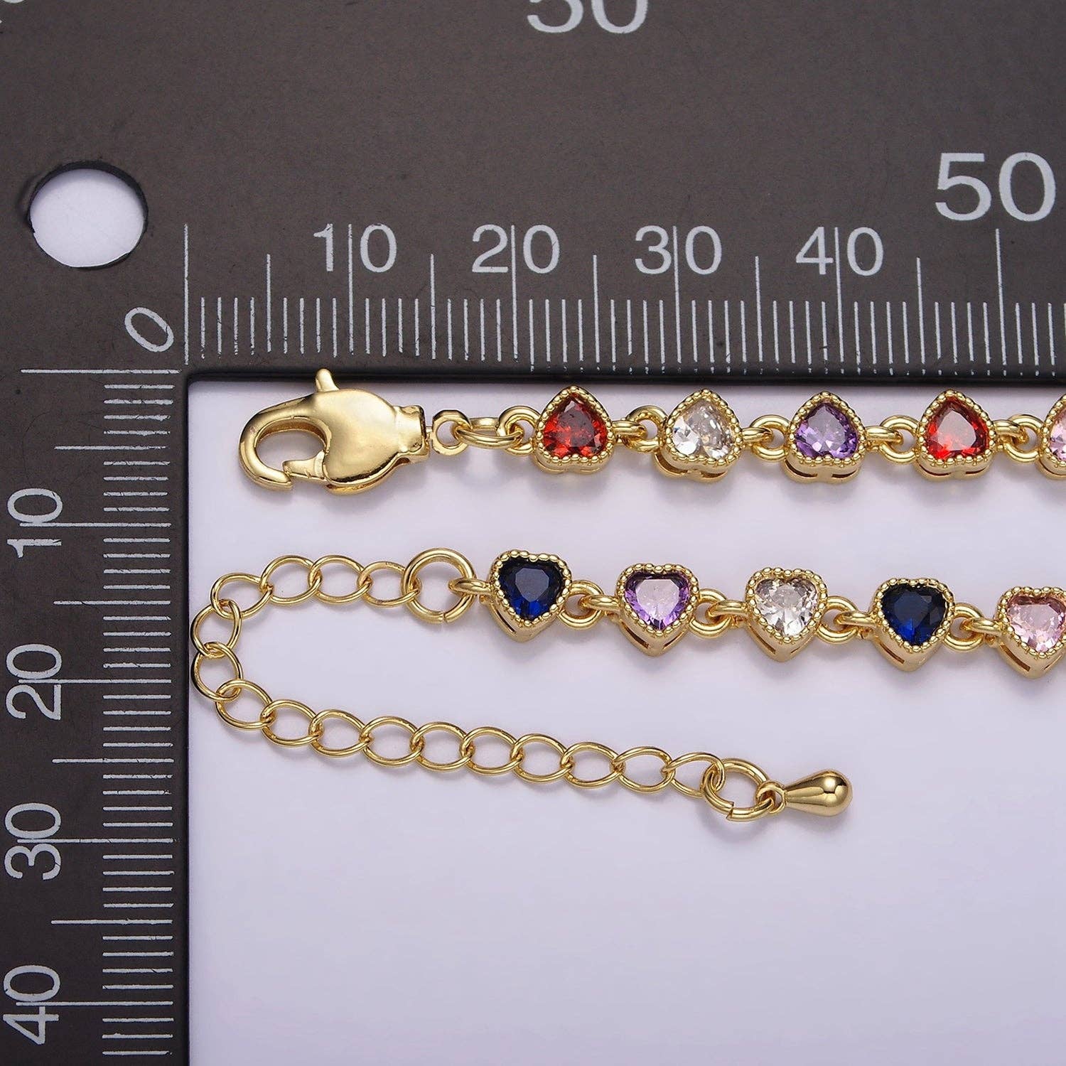 14K Gold Filled CZ Multicolor Heart Bezel 7 Inch Bracelet in Gold & Silver | WA-2230 WA-2231