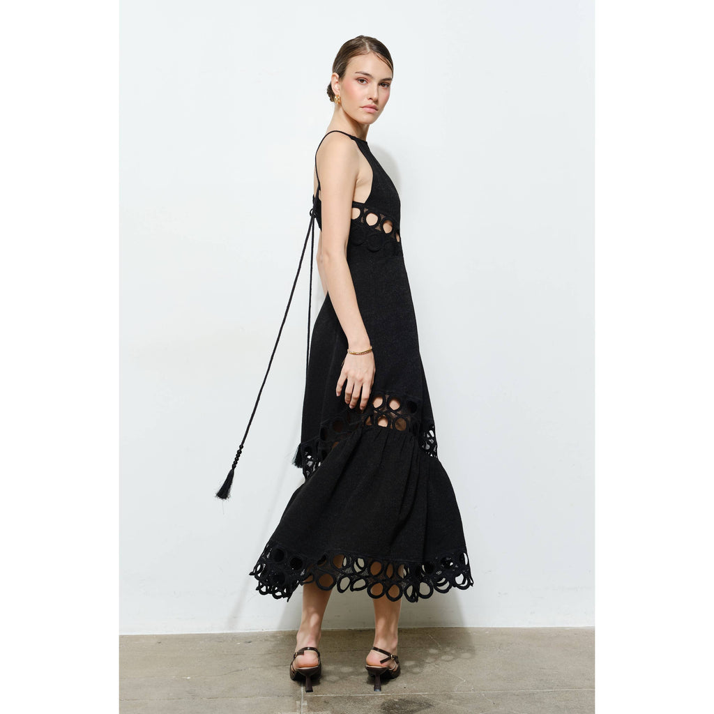 Chic Textured Lace Halter Tassel Draped Midi Dress