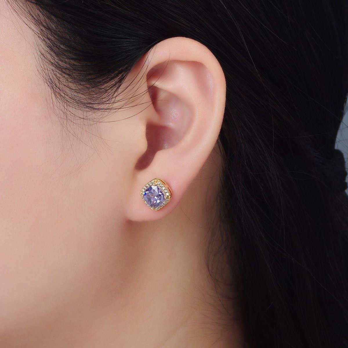 24K Gold Filled Purple Square Micro Paved CZ Stud Earrings | AD742