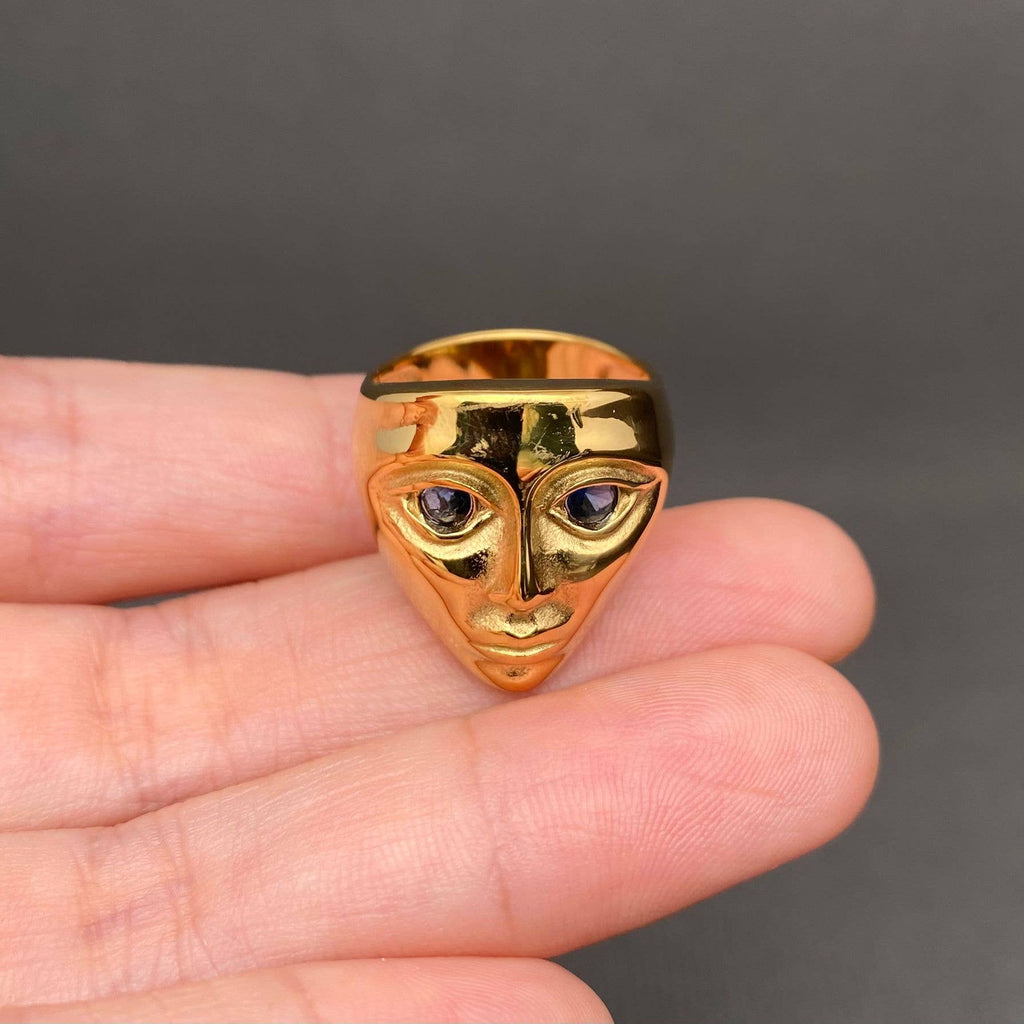 CZ inlaid 18K Gold Plated Stainless Steel Face Ring - FGS