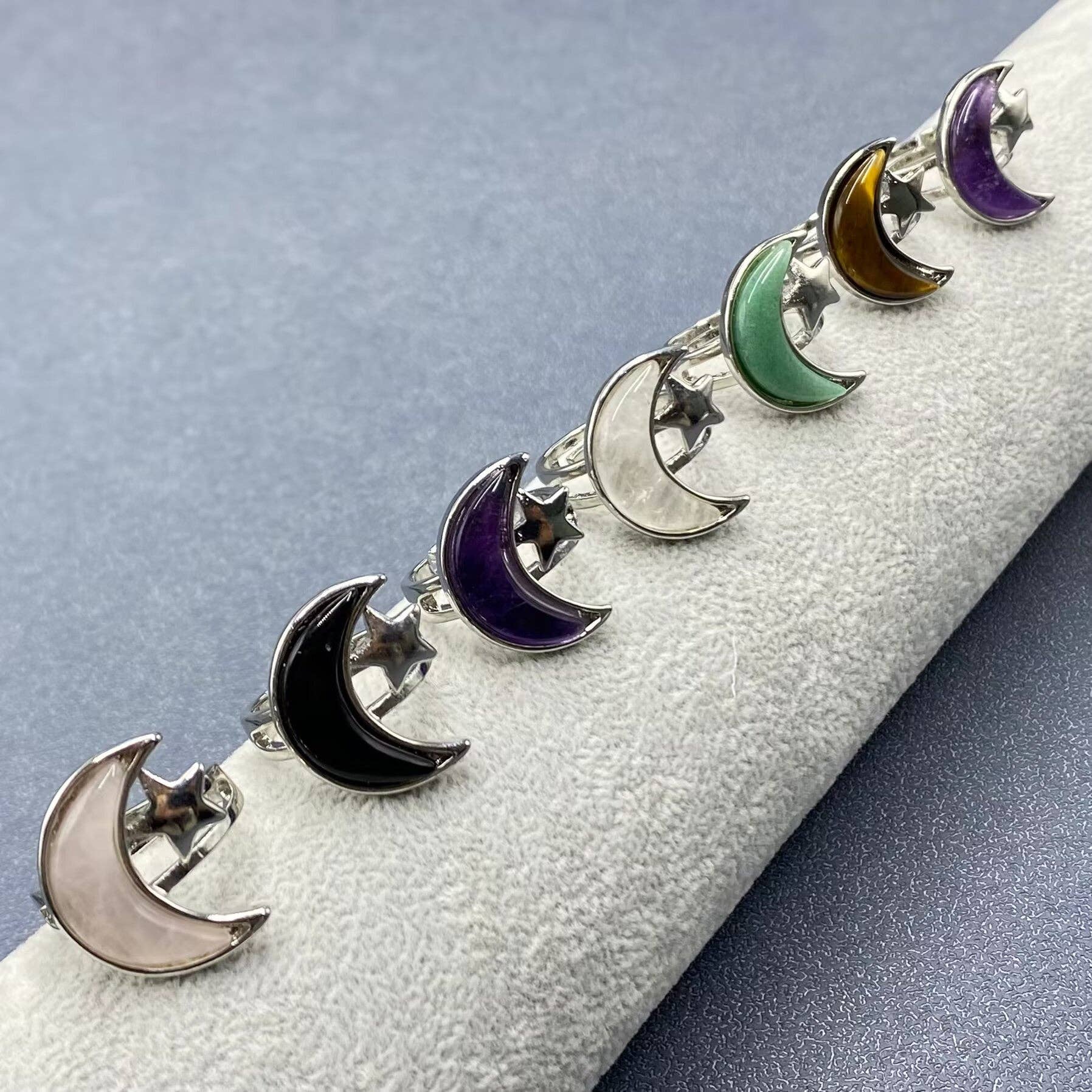 Natural Stone Moon Star Silver Tone Adjustable Ring - CS/MS