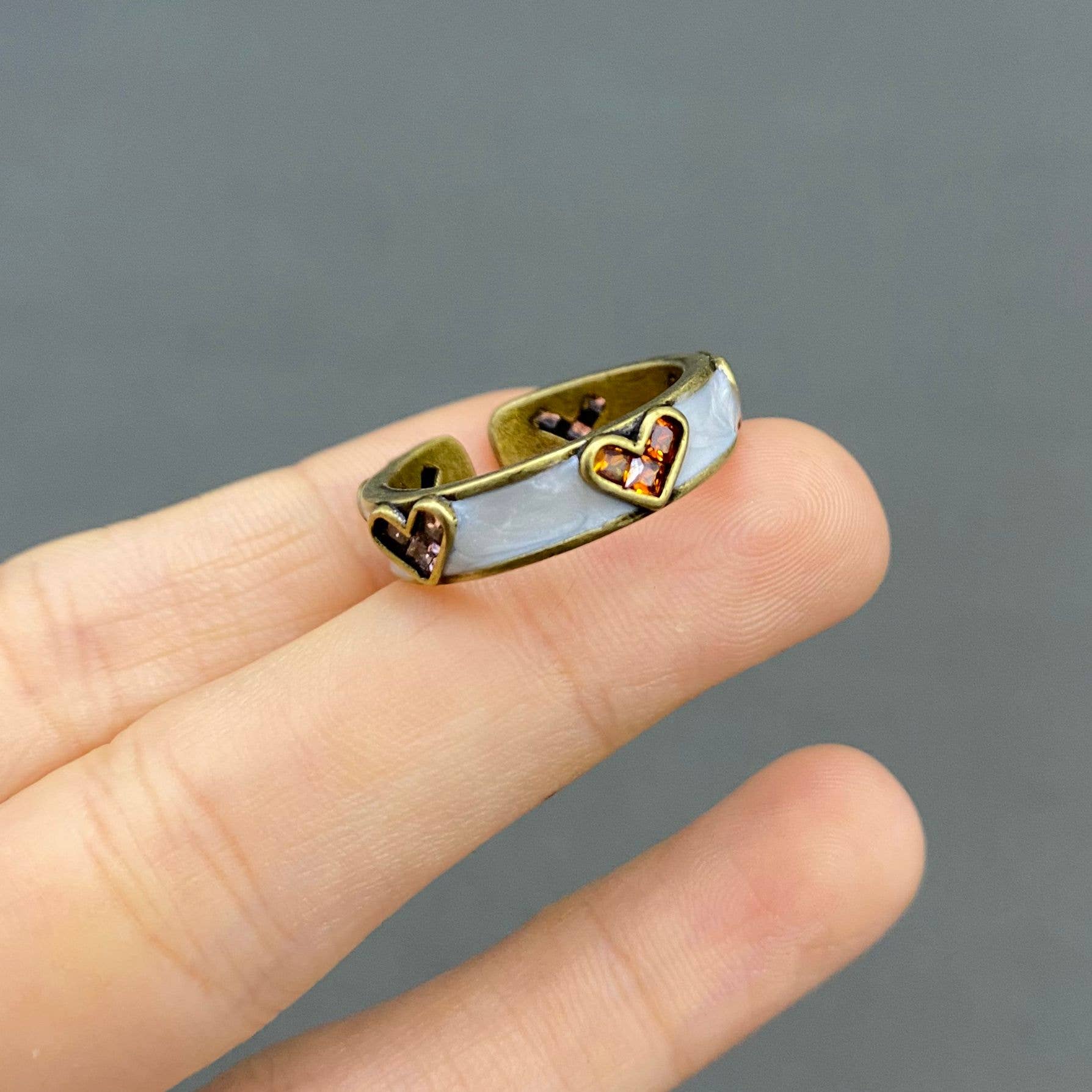 Vintage Multi Color Rhinestone Heart Enamel Bronze Ring