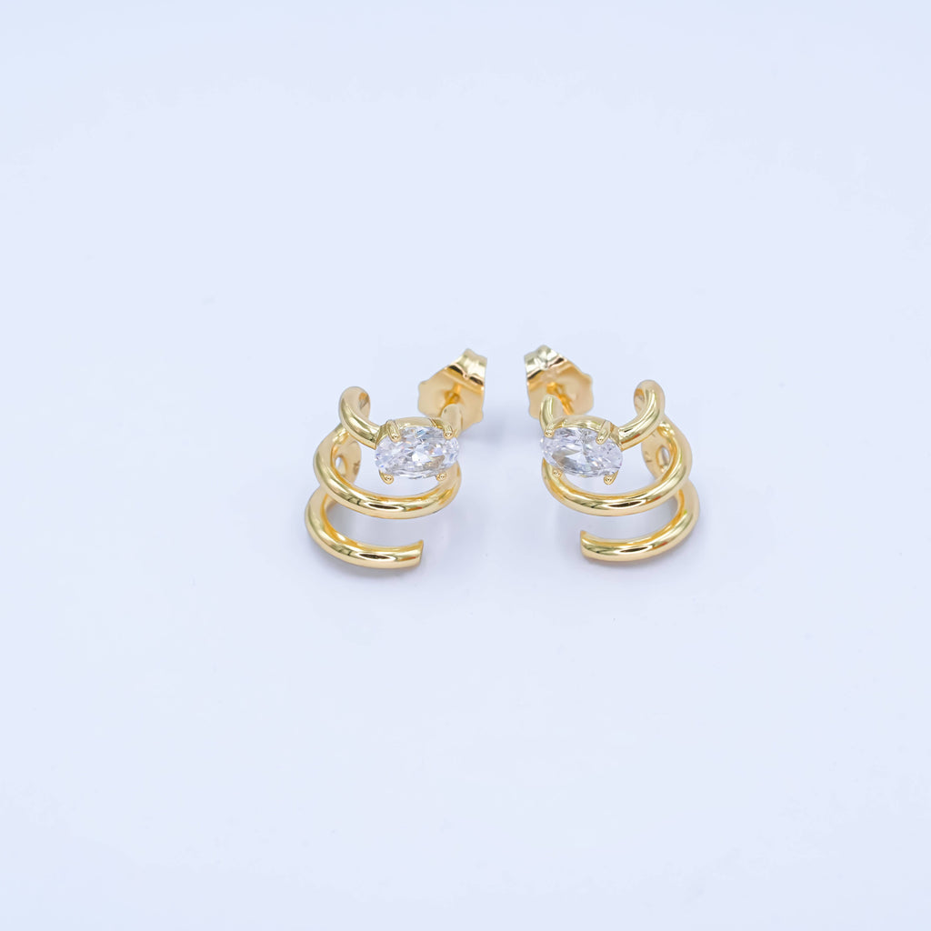 14K Gold Filled Oval CZ Triple Bar Claw C-Shaped Cartilage Hoop Earrings | AB990