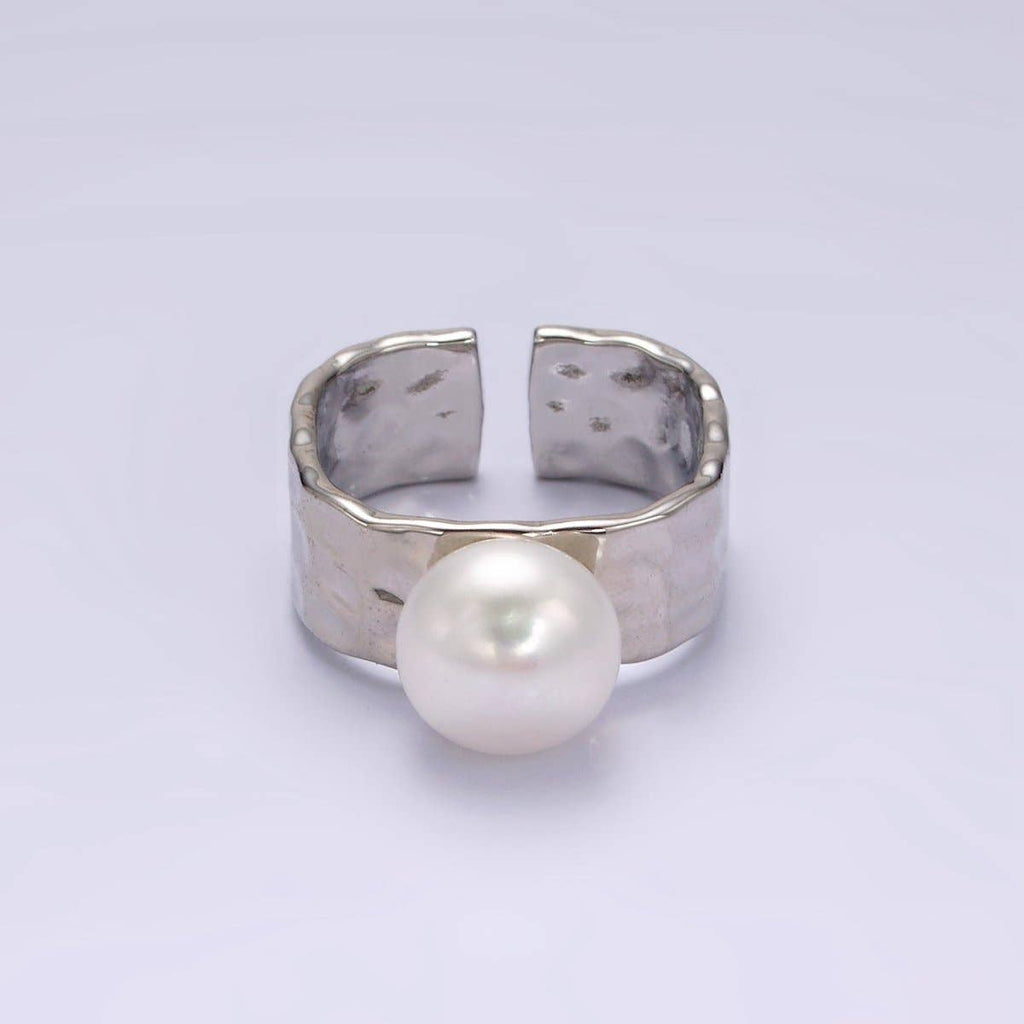 14K Gold Filled White Pearl Hammered Wide Band Ring in Gold & Silver | O1096 O1097