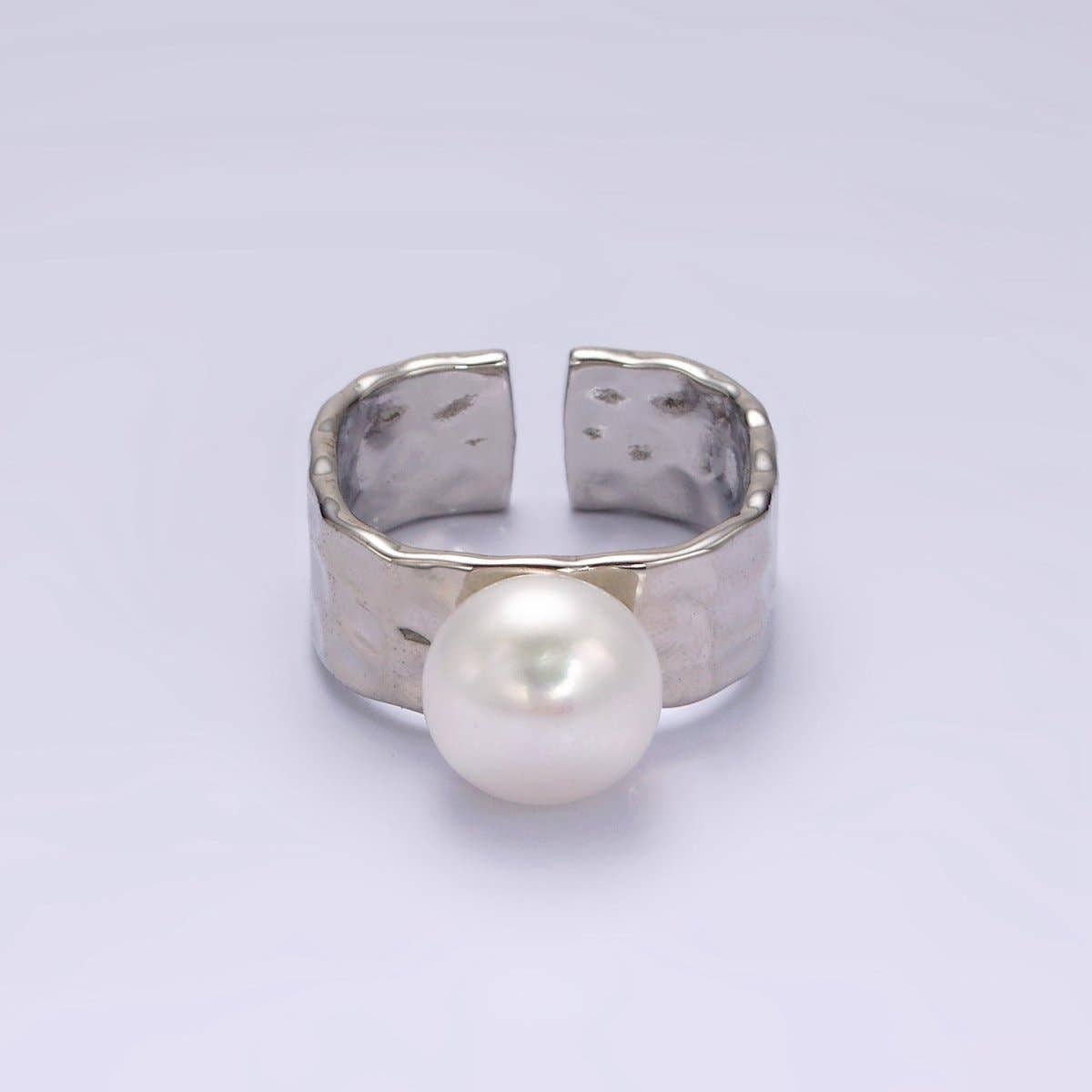 14K Gold Filled White Pearl Hammered Wide Band Ring in Gold & Silver | O1096 O1097