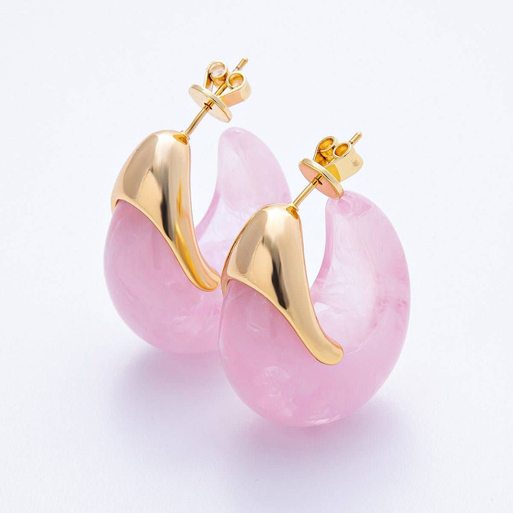 18K Gold Filled 35mm Blue, White, Brown Resin J-Shaped Hoop Earrings | AJ249 - AJ252